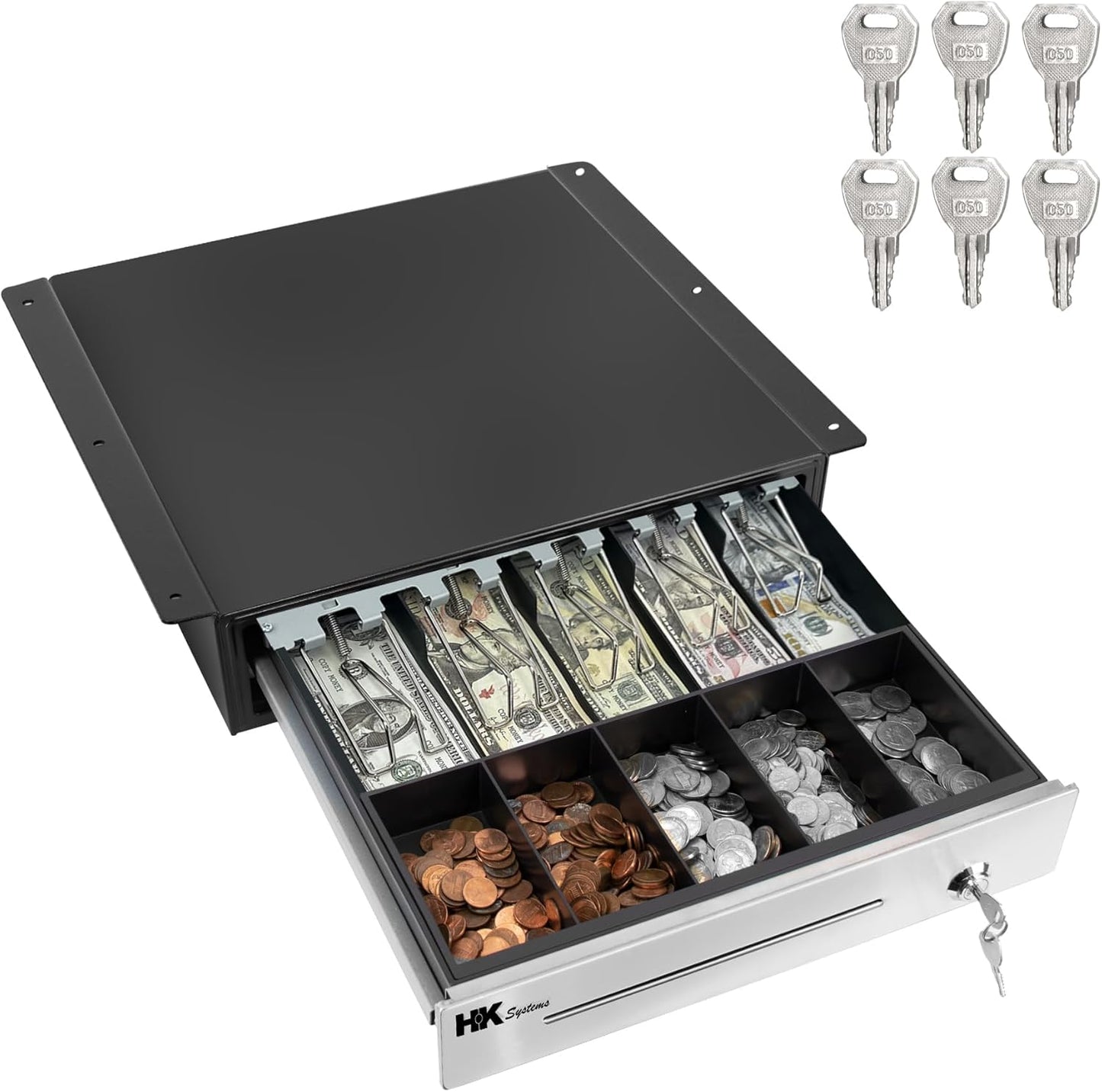 HK SYSTEMS 16" Heavy Duty Black "Push" Open Cash Drawer, 5B5C with Under Counter Mounting Metal bracket
