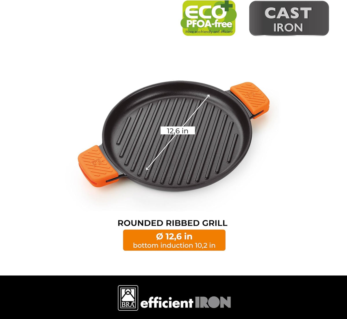 BRA COOKWARE Efficient Iron Round Ribbed Grill | 12.6 inches Cast Iron Round Griddle | All Heat Sources Compatible | PFOA Free | Without Non-Stick | Silicon Handle | Non Deformable