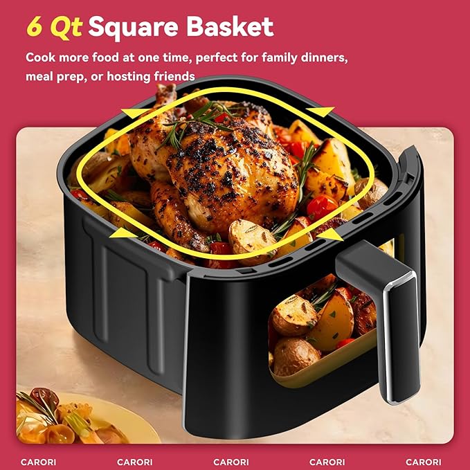 Air Fryer 14-in-1 with Viewing Window, 6Qt Large Capacity, 392℉ Max Crisp, Airfryer No Filping Dual Heating, Bake, Roast, Dehydrate, Reheat, 1700W Fast Even Easy Meals, Nonstick Dishwasher Safe Basket