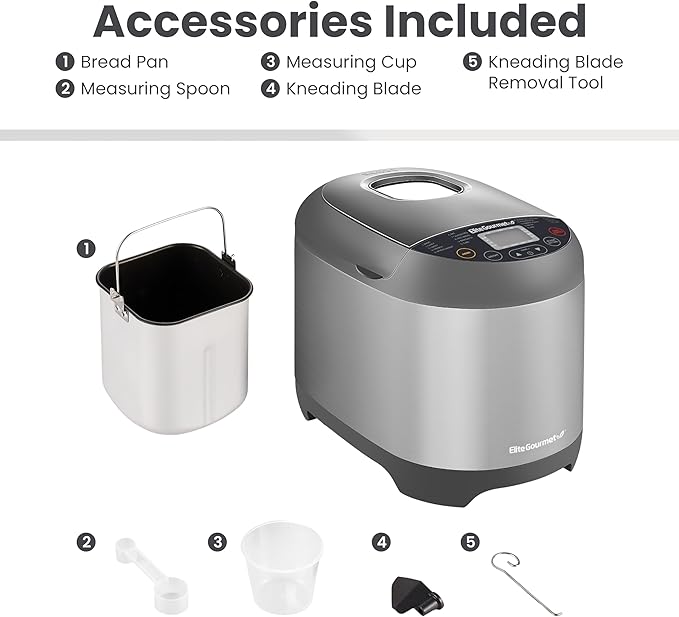 Elite Gourmet EBM8103SS Programmable Bread Maker Machine, 3 Loaf Sizes, 19 Menu Functions Gluten Free White Wheat Rye French and more, 2 Lb, Stainless Steel