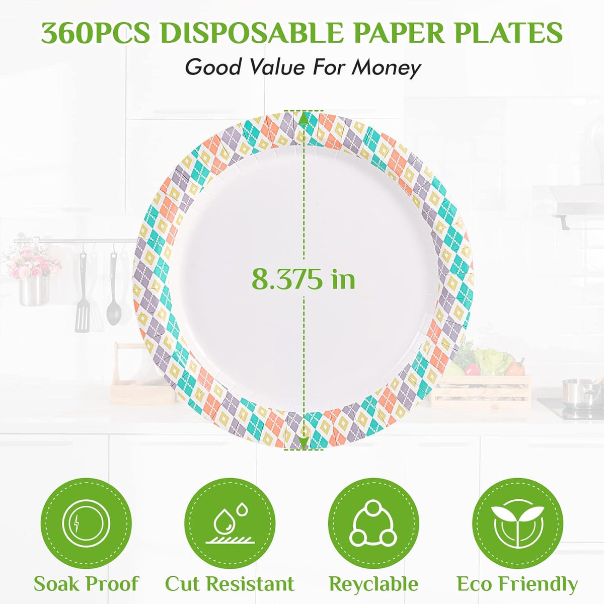 FOCUSLINE 360pack Paper Plates 8.375 Inch, Soak Proof Disposable Paper Plates for Everyday Use, 360 Count Plate with Color Checkered Design, Strong and Heavy Duty Round Plate