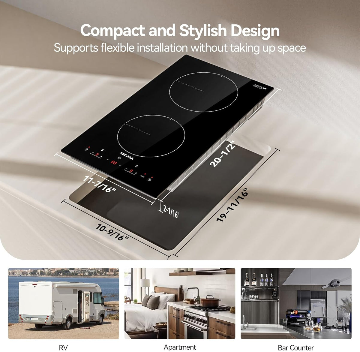 12 Inch Induction Cooktop 3500W, TECASA Built-in Electric Stove with 2 Boost Burners, Compatible with Magnetic Cookers, Timer & Child Safety Lock, 9 Power Levels