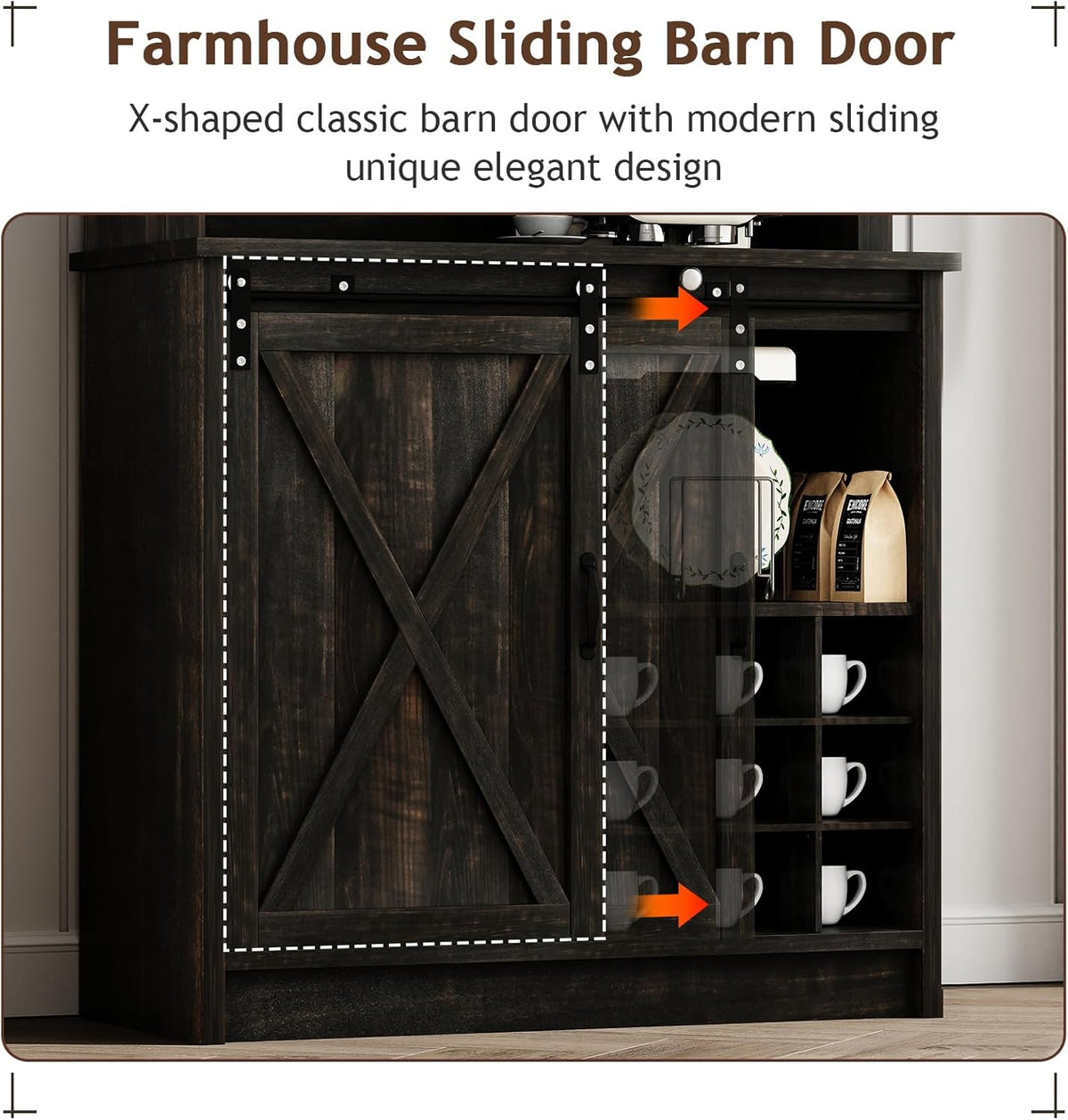 4ever2buy Farmhouse Coffee Bar Cabinet with Sliding Barn Door, 72" Hutch Coffee Bar with Storage, Large Kitchen Buffet Cabinet with Hutch, Tall Bar Cabinet Table for Living Dining Room, Oak