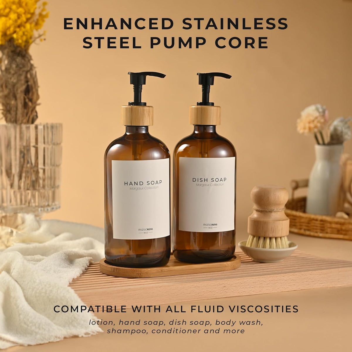 Maisonovo Glass Soap Dispenser Bathroom Set | Hand Soap and Dish Soap Dispenser Set | 16.9oz Amber Bottles with Black Bamboo Pump | Bathroom Lotion Dispenser with Pump Set of 2