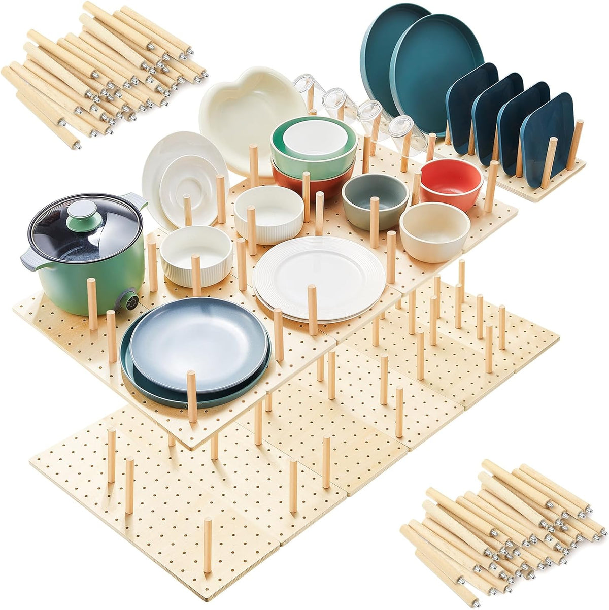Kigley 12 Pcs Pegboard Drawer Organizer with 96 Drawer Peg Wood Peg Board Wooden Kitchen Plate Organizer for Dishes Food Containers Cookware Utensils(17 Inch,Wood Color)