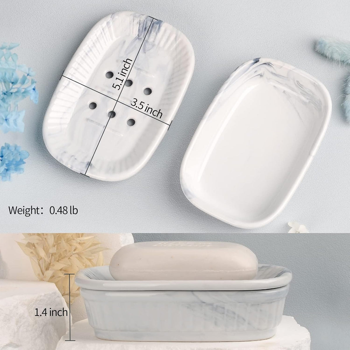 Ceramic Soap Dish, Self-draining Soap Holder, Double Layer Bar Soap Holder Marble Blue, Draining Soap Dishes for Bathroom Shower Kitchen, Easy to Clean, Keep Soap Dry, ANTIS'S HOME