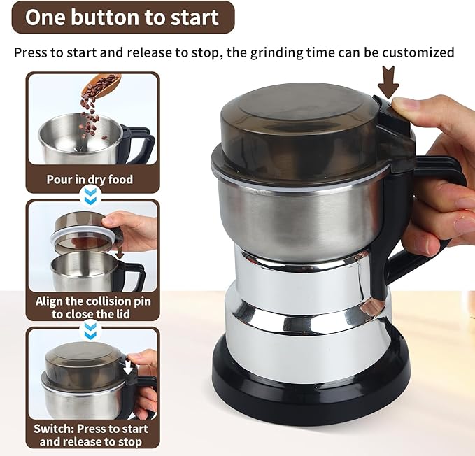 Electric Coffee Grinders，150-300w Silver Spice Grinder, One-Button Operation to Grinder Coffee Beans, Spices, Dry Herbs, Nuts, etc.1 Plastic Brush and 1 Plastic Spoon Included