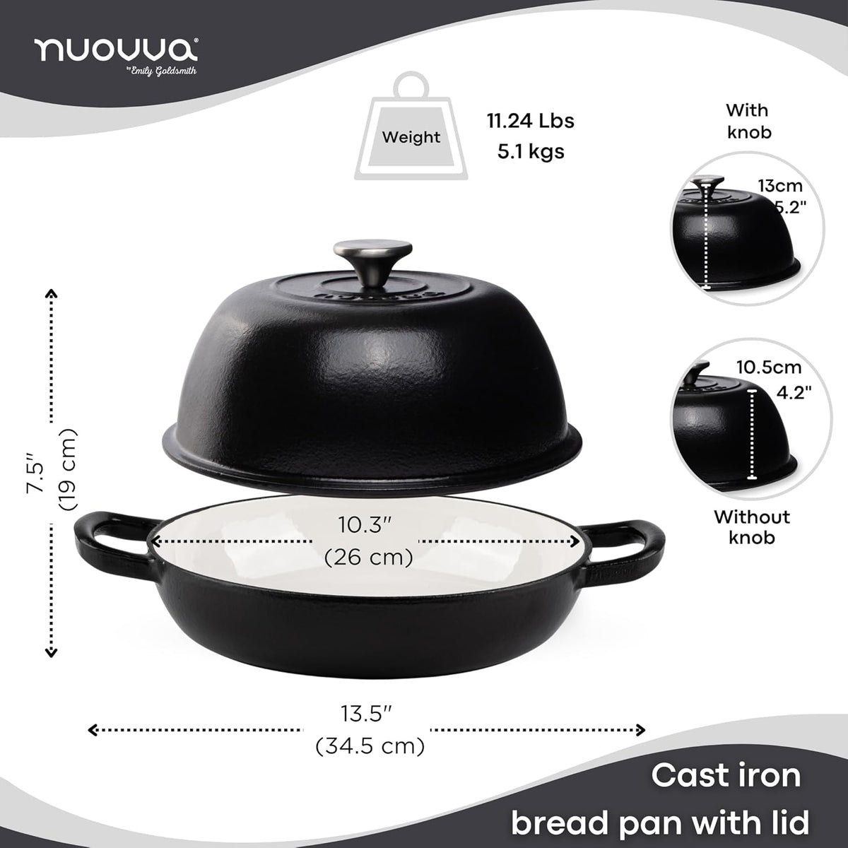 Enamelled Cast Iron Dutch Oven Pot – Dutch Oven For Sourdough Bread Baking – Cast Iron Bread Pot – Black, 6 Quarts, 22cm – by Nuovva