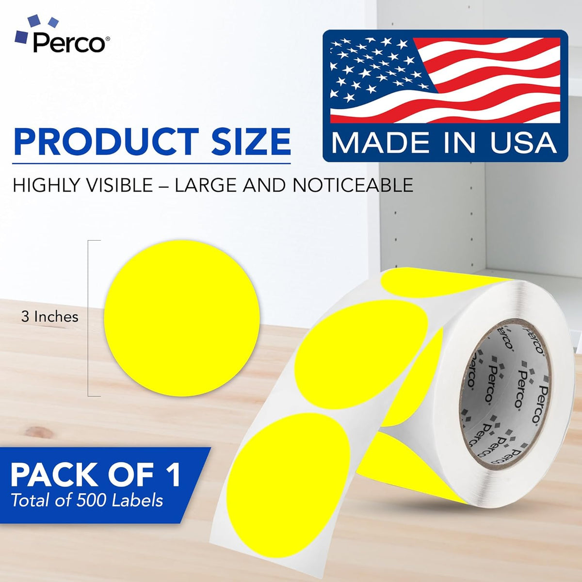 Perco Fluorescent Yellow 3-Inch Round Sticker Labels with Easy Peel Perforation - 500 Labels per Roll - Strong Adhesion, Vibrant Colors for Organizing, Crafting & More - Made in USA