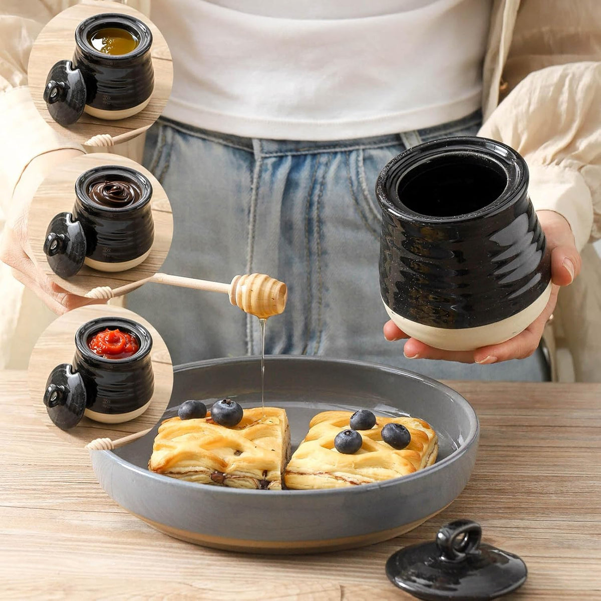 Ceramic 12 Ounce Honey Jar and Dipper Set,Porcelain Honey Pot with Lid and Wooden Dipper,Cute Honey Containers for Party,Holiday,Halloween Favors,Farmhouse Kitchen Decor,Dishwasher Safe,Black