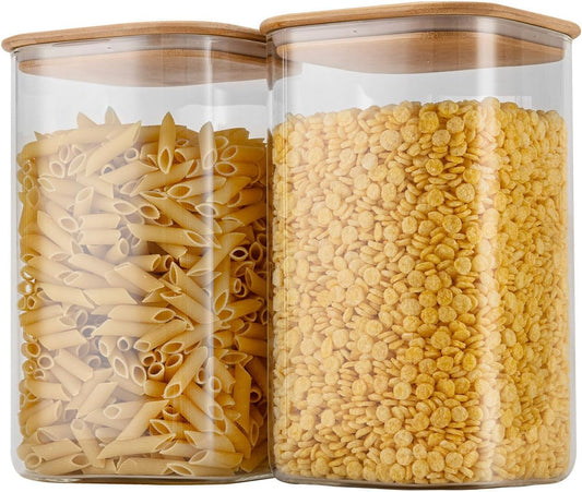 156oz Airtight Glass Square Storage Canister with Bamboo Lid Set of 2(4600ml*2) Large Gallon Glass Jars for Sugar, Flour, Cookies and Coffee beans (‎with Black Lable)