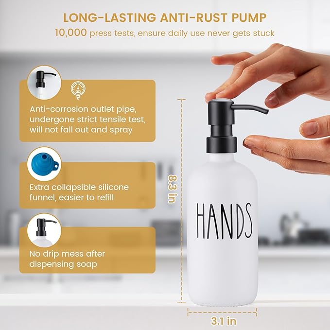 Glass Soap Dispenser for Kitchen, Farmhouse Dish Soap Dispenser&Hand Soap Dispenser Set,Rustproof Pump Soap Lotion Dispenser Set with Tray and Dish Brush,Kitchen Decor(Black&White)