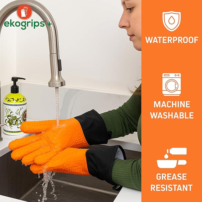 Ekogrips Plus Oven Gloves with Fingers, Comfy Waterproof Silicone Oven Mitts Heat Resistant with Long Cuff, Insulated BBQ Gloves Perfect for Grilling, Baking, Smoker, Canning, and Pizza, Orange, OSFM
