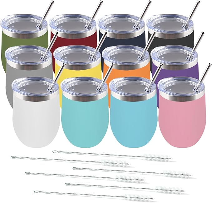 Amtidy 12 Pack Powder Coated Stainless Steel Tumbler with Lid,Equipped with straw and straw brush，12 oz Double Wall Vacuum Insulated Travel Tumbler Cup for Coffee, Wine, Cocktails