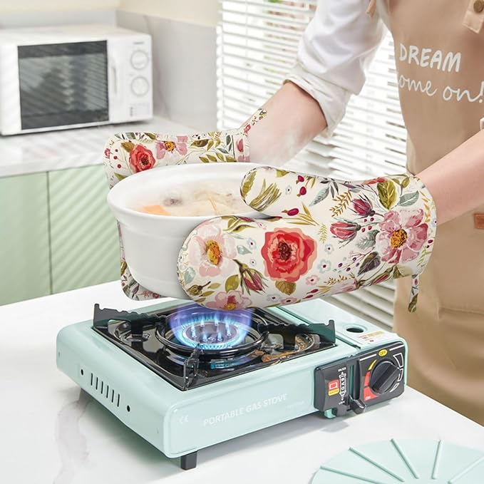 Wildflowers Floral Oven Mitts Pot Holders Set Silicone Heat Resistant Botanical Floral Oven Mitts and Hot Pads Potholders Non-Slip Oven Gloves for Cooking Baking Grilling BBQ