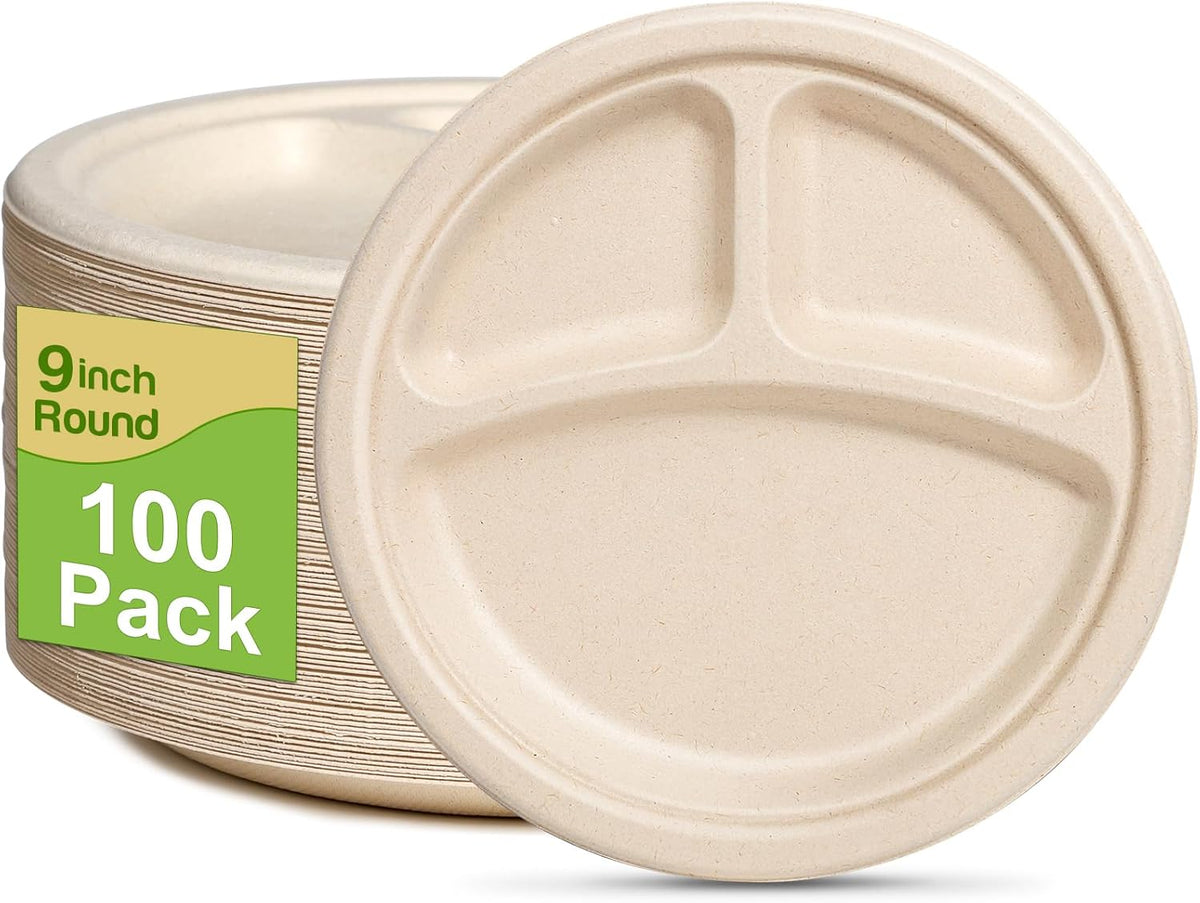 Compartment Plates - Disposable, 9 inch, 100 Pack, Biodegradable, Heavy Duty with Dividers