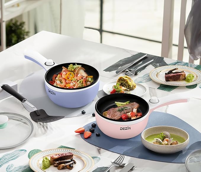 Dezin Hot Pot Electric Upgraded, Non-Stick Sauté Pan, Rapid Noodles Electric Pot, 1.5L Mini Portable Hot Pot for Steak, Egg, Fried Rice, Ramen, Oatmeal, Soup with Power Adjustment