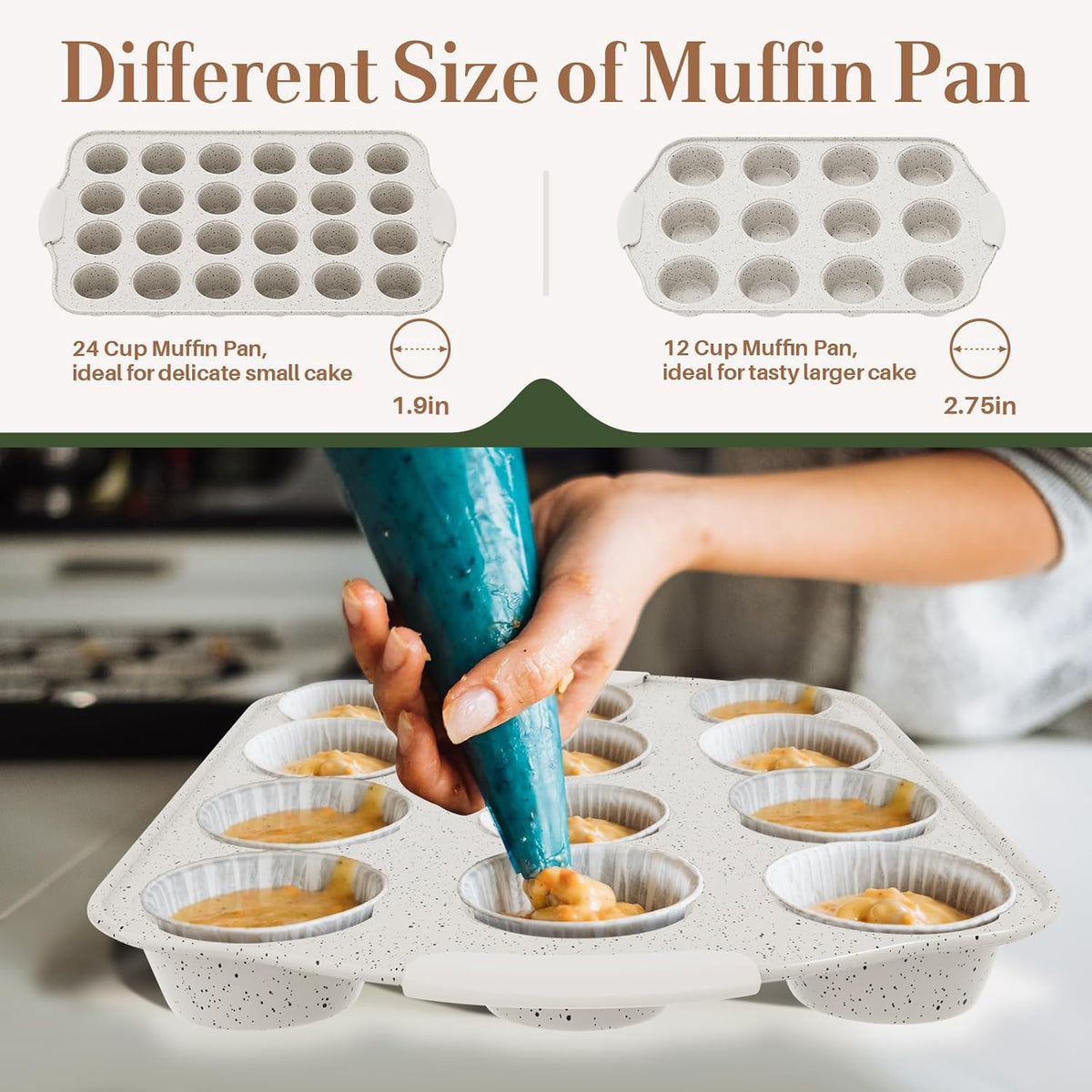 10-Piece Kitchen Nonstick Stackable Bakeware Set, Non Toxic Bakeware Sets with Silicone Handles, Includes Cookie Sheets, Cake Pan, Loaf Pan, Pizza Pan, Muffin Pan, White