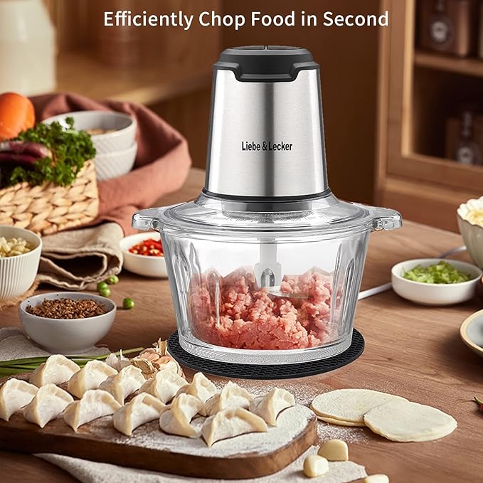 Liebe&Lecker Food Processor, Meat Grinder with 2 Bowls 8 Cup and 8 Cup, Food Chopper Electric Vegetable Chopper with 4 Large Sharp Blades for Fruits, Meat, Vegetables, Baby Food, Nuts, 2 Speed.