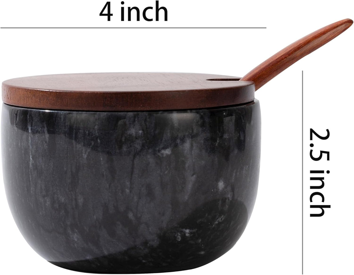 Marble Salt Cellar with Lid & Spoon, 11oz Salt and Pepper bowls, Handcrafted from Natural Marble, Smooth Inside (black bowl)