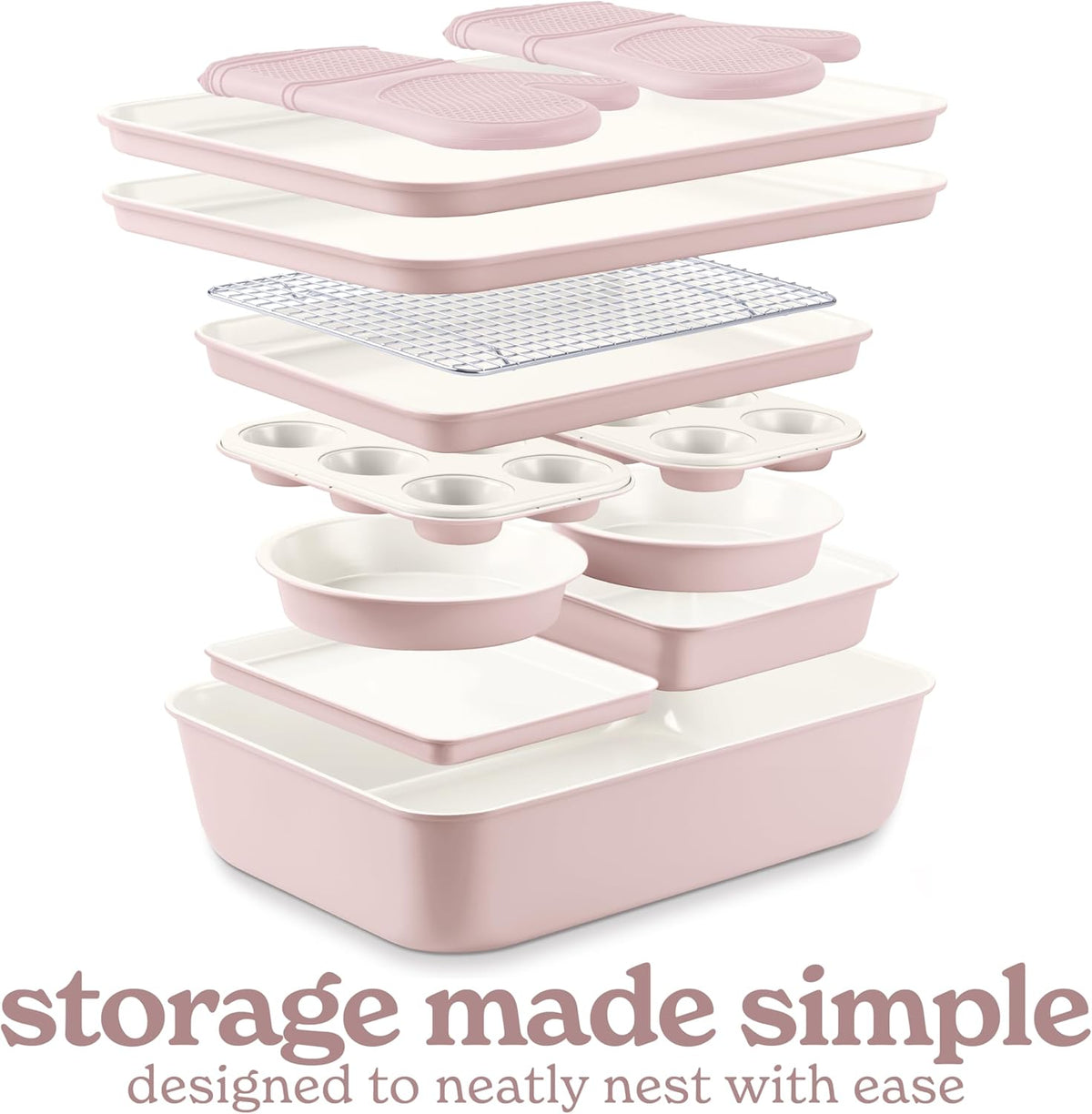 Country Kitchen Nonstick Stackable Bakeware Set - Deluxe Heavy Duty, Durable, Easy Release Baking Set, Pink, 13 Pcs with Handles