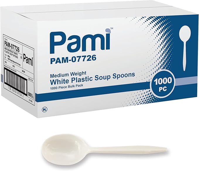 PAMI 1000 Plastic Soup Spoons Bulk Disposable White Medium Weight Durable Single-Use Cutlery for Parties Catering Food Service