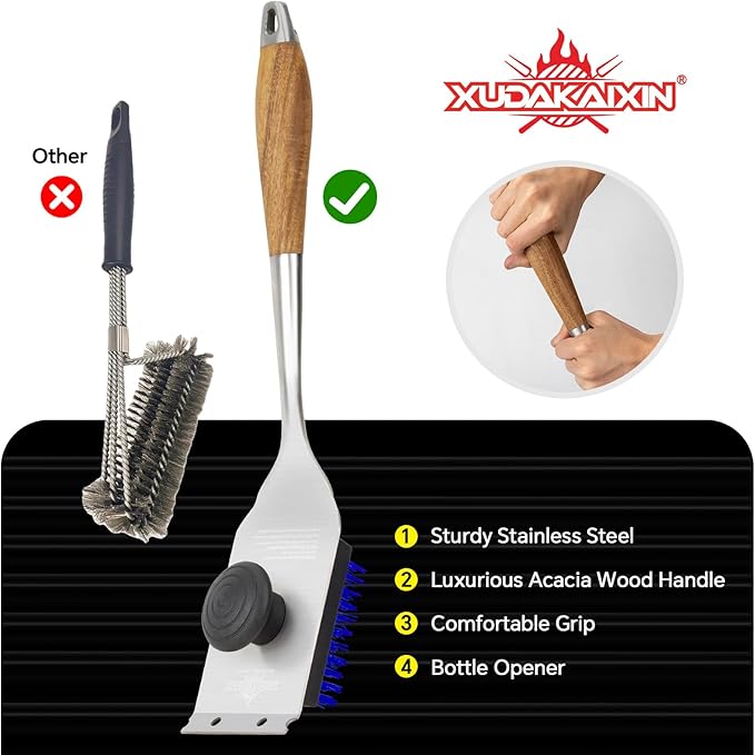 Grill Brush and Scraper, Dual Grip Design,Extra Strong BBQ Cleaner Accessories,Safe Nylon Bristles Barbecue Triple Scrubbers Cleaning Brush for Cast Iron Grates/Porcelain/Charcoal Grill