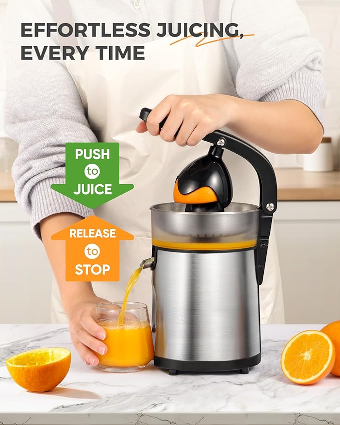 Electric Orange Juicer, Citrus Juicer Squeezer with 2 Interchangeable Cones, 160W Electric Juicer Machine with Stainless Steel Body & Transparent Juice Collector for Lime Grapefruit Lemon