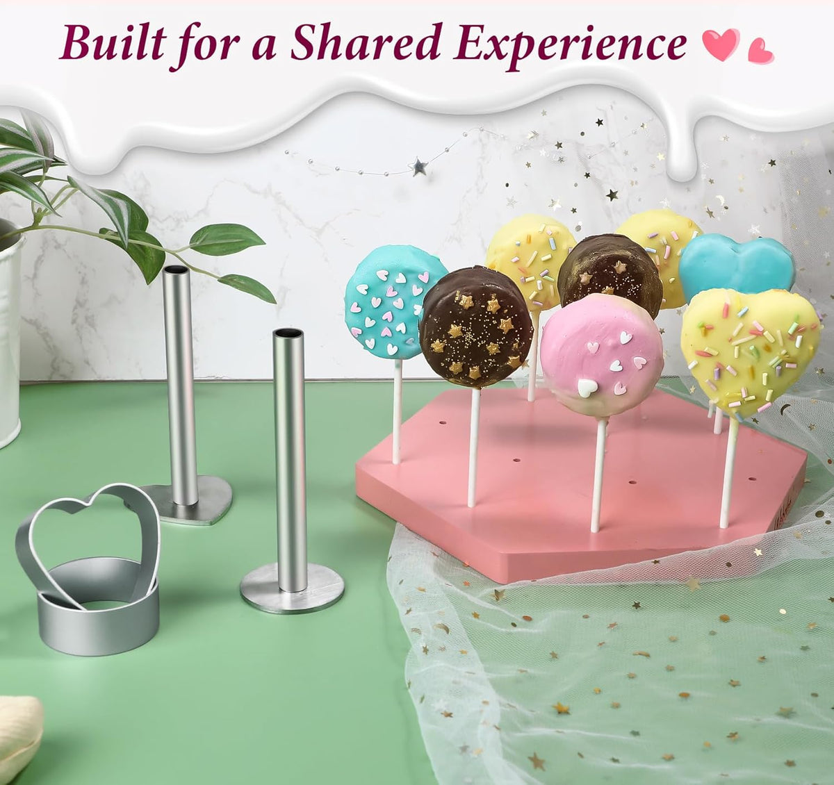 Webake Circle and Heart Cake Pop Cutter and Pusher, 304 Stainless Steel Cake Pop Molds, Easy Use, Non Toxic, Set of 4