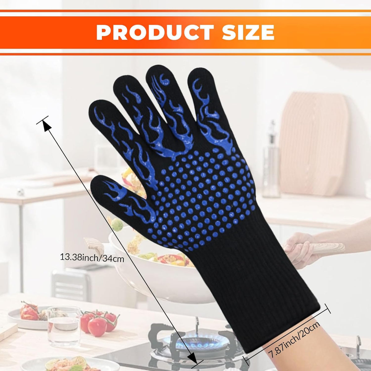 1 Pair Grill Oven Mitts, 1472°F Heat Resistant BBQ Gloves for Cooking, Non-Slip Silicone Oven Gloves, Barbecue Grill Gloves BBQ Mitts (Blue-Flame Pattern)