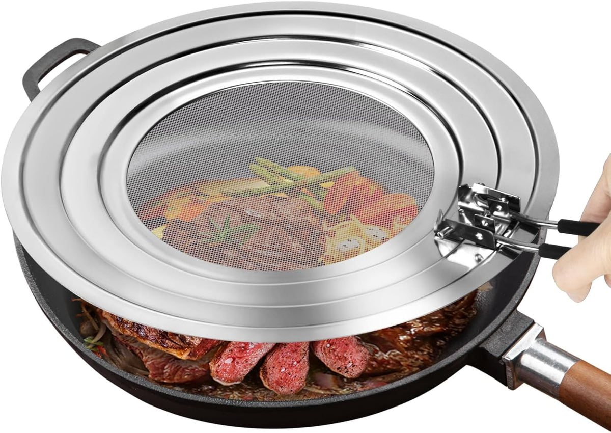 Stainless Steel Splatter Screen for Frying Pan - Grease Splatter Guard with Folding Handle - Cover Oil Splash from Bacon, Oil, or Deep Fryer - Food Strainer and Universal Cookware