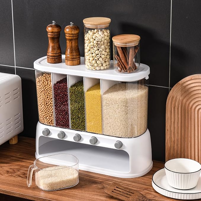 Yuehuam Dry Food Dispenser,12L Wall mounted 5 Grid Grain Dispenser 25 pounds Cereal and Rice Storage Container with Measuring Cup