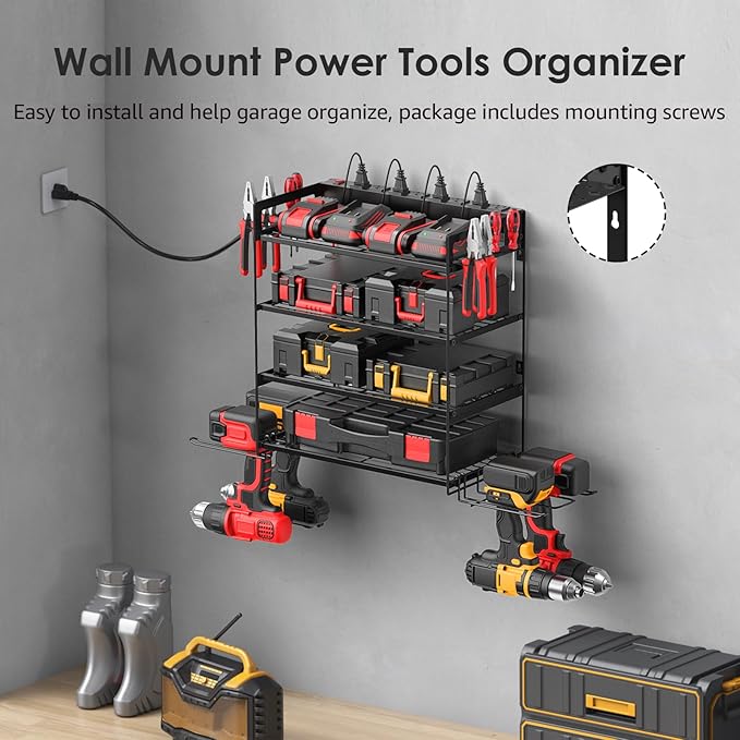 CCCEI Garage Tools Storage with Charging Station. Power Tool Battery Organizer Utility Shelf with Power Strip. 4 Drills Holder Wall Mount Rack, Black 4 Layer.
