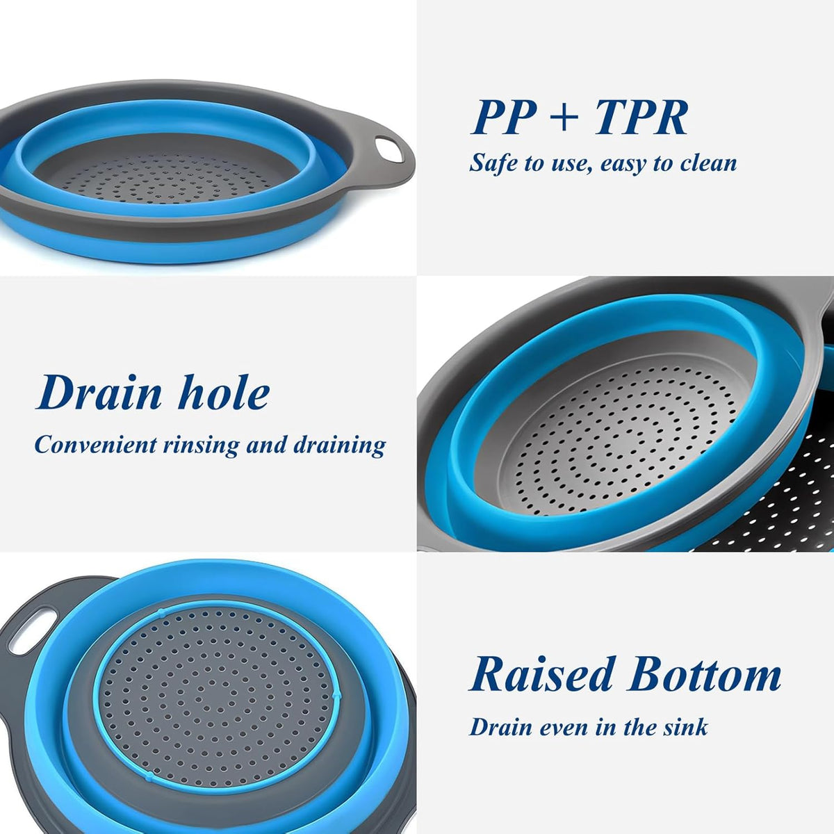 Collapsible Colander Set of 3, Space-Saving Foldable Strainer for Kitchen, 3 Sizes Food Strainer for Draining Pasta, Vegetable and Fruit, Kitchen Gadgets for Home Use and Outdoor Camping (Blue)