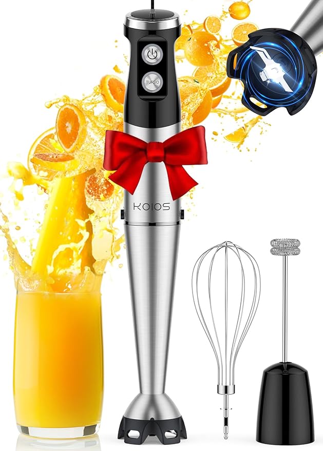 KOIOS Immersion Blender, 1000W Anti-scratch 3-in-1 Hand Blender, Upgraded 12 Speed Stainless Steel Blade Stick Blender with Turbo Mode, Whisk and Milk Frother, Non-BPA, Black