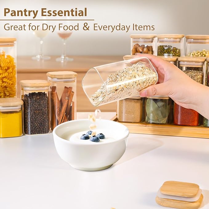 TBWIND 12 Pack 10 oz Square Glass Spice Jars with Lids and Labels – Airtight Small Spice Containers Set, Clear Glass Storage Jars for Seasoning, Spices, Kitchen Pantry Organization
