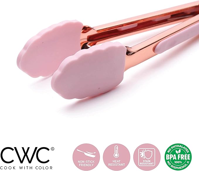 COOK WITH COLOR Stainless Steel Silicone Tipped Kitchen & BBQ Tongs Set, 2 Pc Mini Tongs, Pink