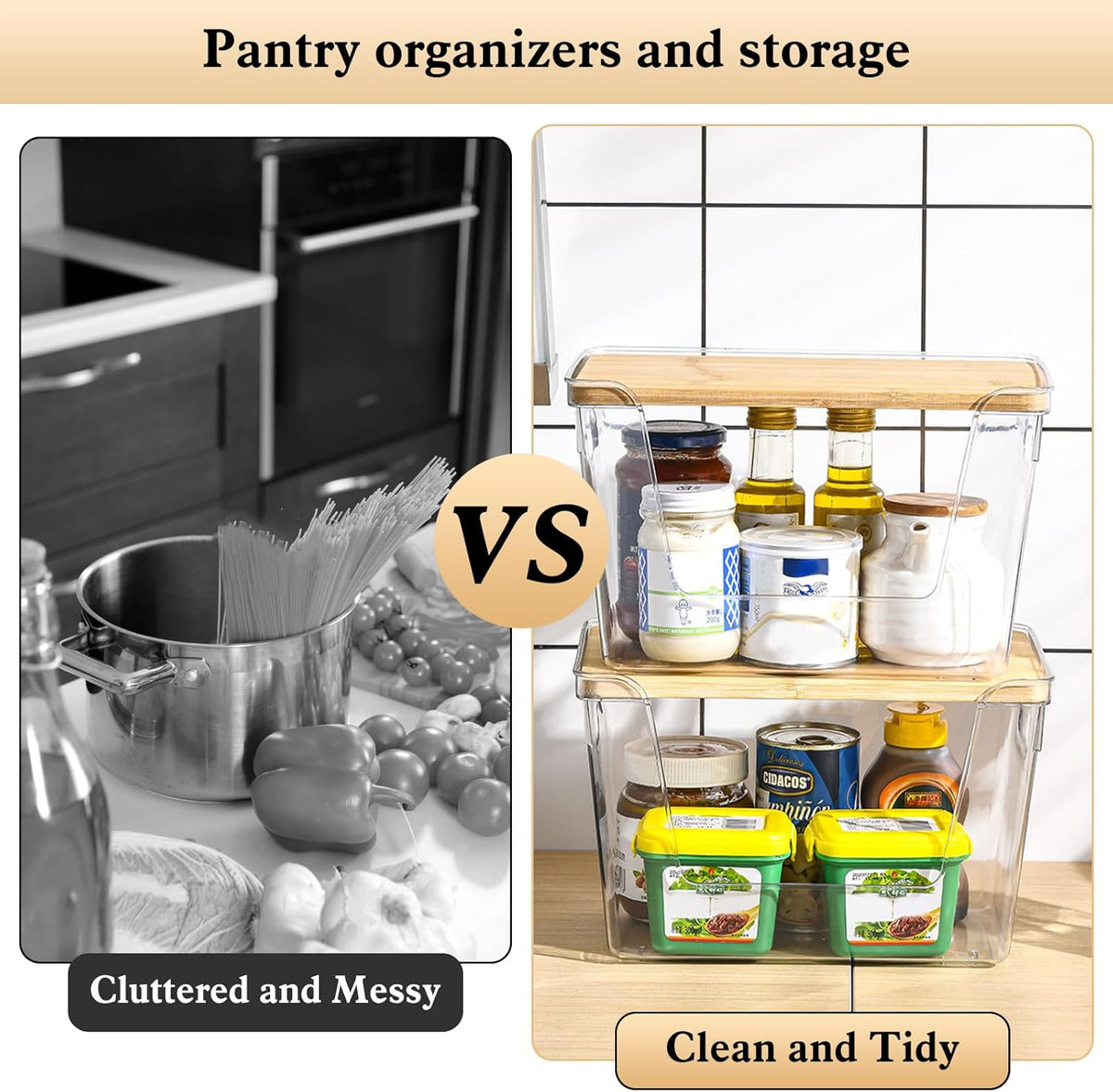 4 Set Stackable Storage with Removable Bamboo Cover, Plastic Container for Kitchen Organizers, Clear Front Open More Easy Access Bins Storage for Pantry, Potato, Onion, Garlic, Fruits, Vegetable