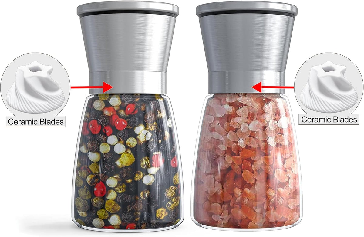 Salt and Pepper Grinder Set - Refillable Grinder Adjustable Coarseness of Pepper Salt Spice Stainless Steel Mills Glass 6oz（2 Pack）