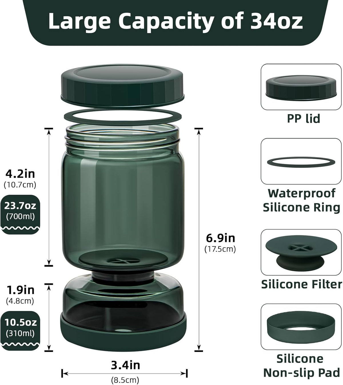 WhiteRhino Pickle Jar with Strainer Flip,34oz Pickle Container with Strainer,Glass Pickle Flip Jar Leakproof Airtight Lid,Hourglass Juice Separator Pickle Jar for Olive, onions, gherkin