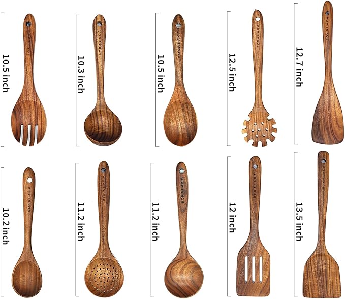 Wooden Spoons for Cooking,10 Pcs Natural Teak Wooden Kitchen Utensils Set Wooden Utensils for Cooking Wooden Cooking Utensils Wooden Spatulas for Cooking (10)