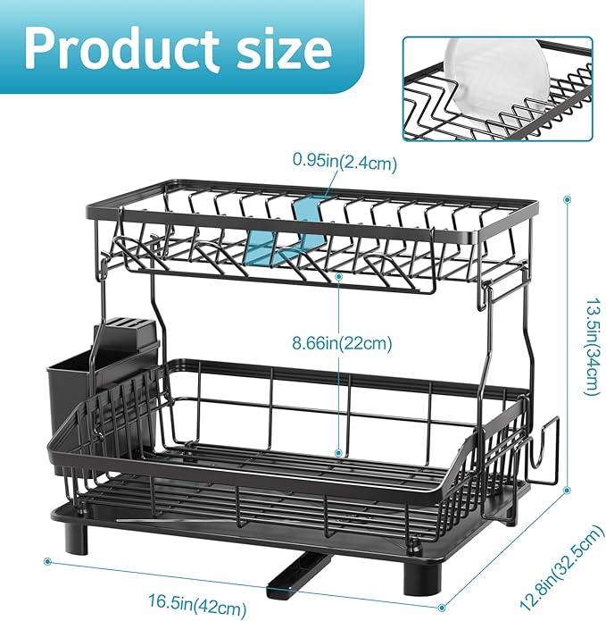 Dish Drying Rack - 2 Tier Large Capacity Dish Rack- Dish Racks for Kitchen Counter with Drainboard, Rustproof Dish Drainer with Removable Utensil Holder,Cutting Board Holder,Cup Holder, Black