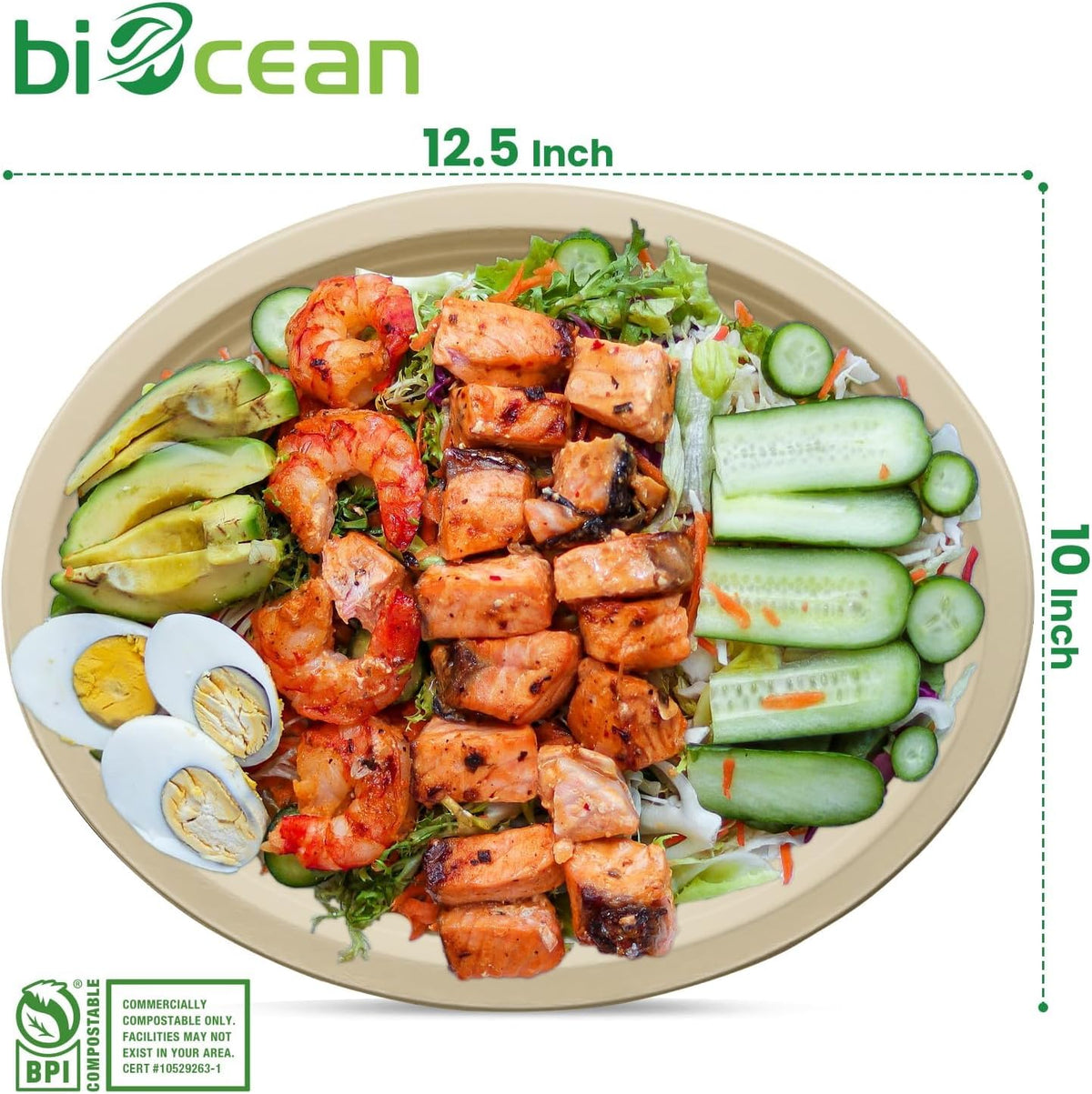 12.5 Inch Compostable Oval Plates [125-Value Pack] - Sustainable and Heavy-Duty Compostable Paper Plates, Natural Sugarcane Bagasse Biodegradable Plate, Natural Brown