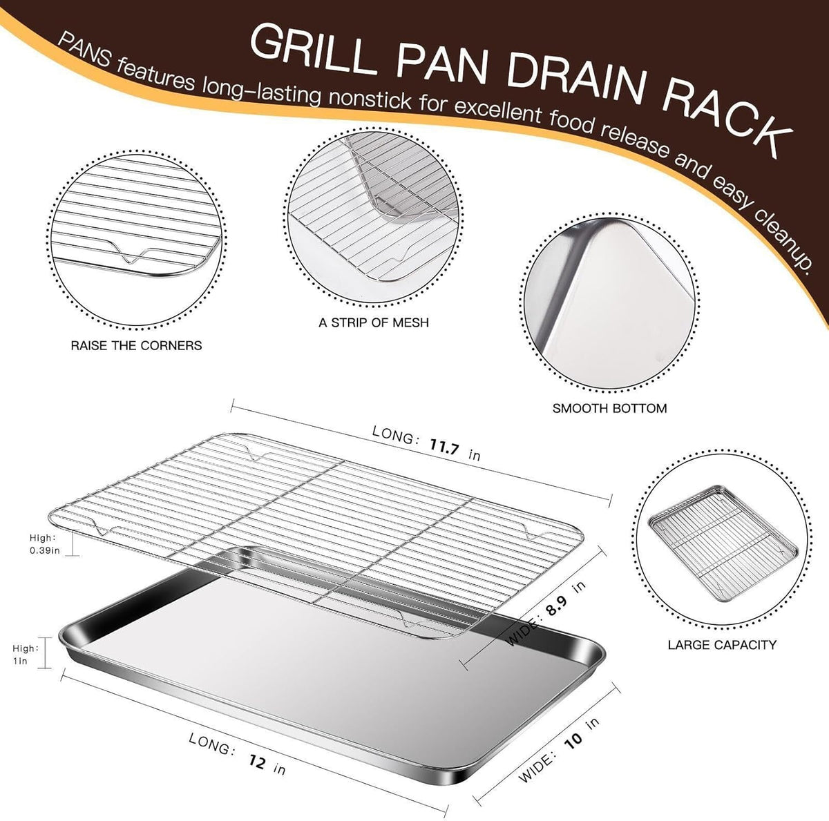 Baking Sheet with Racks Set [2 Sheets + 2 Racks], Stainless Steel Baking Sheets with Cooling Racks, Nonstick Pan, Warp Proof & Rust Proof & Easy to Clean, Size 12.4 X 9.6 X 1 Inch