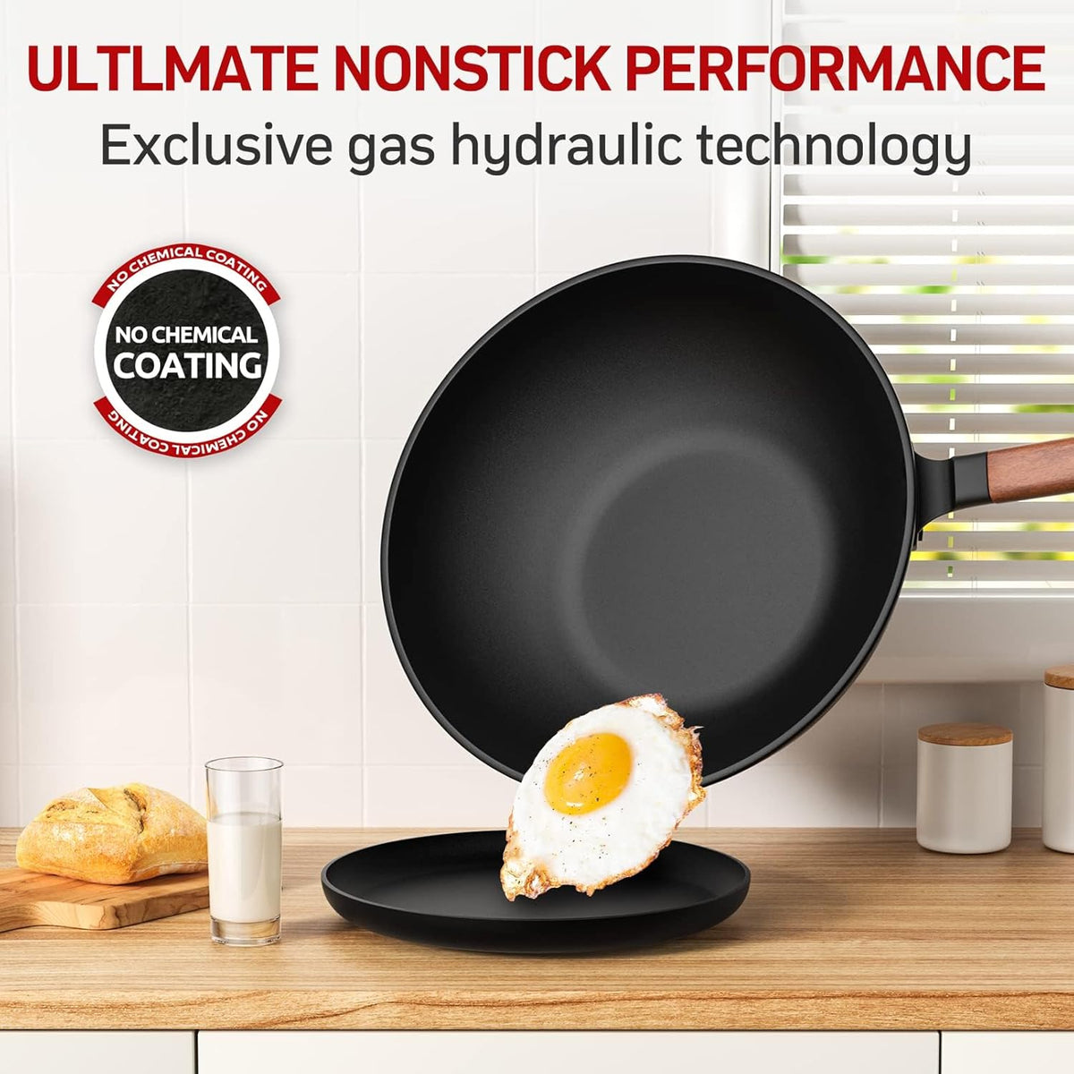 Carbon Steel Wok - Including Glass Cover and Steel Spatula, 13-Inch Woks & Stir-Fry Pans for Induction, Electric, Gas Stoves