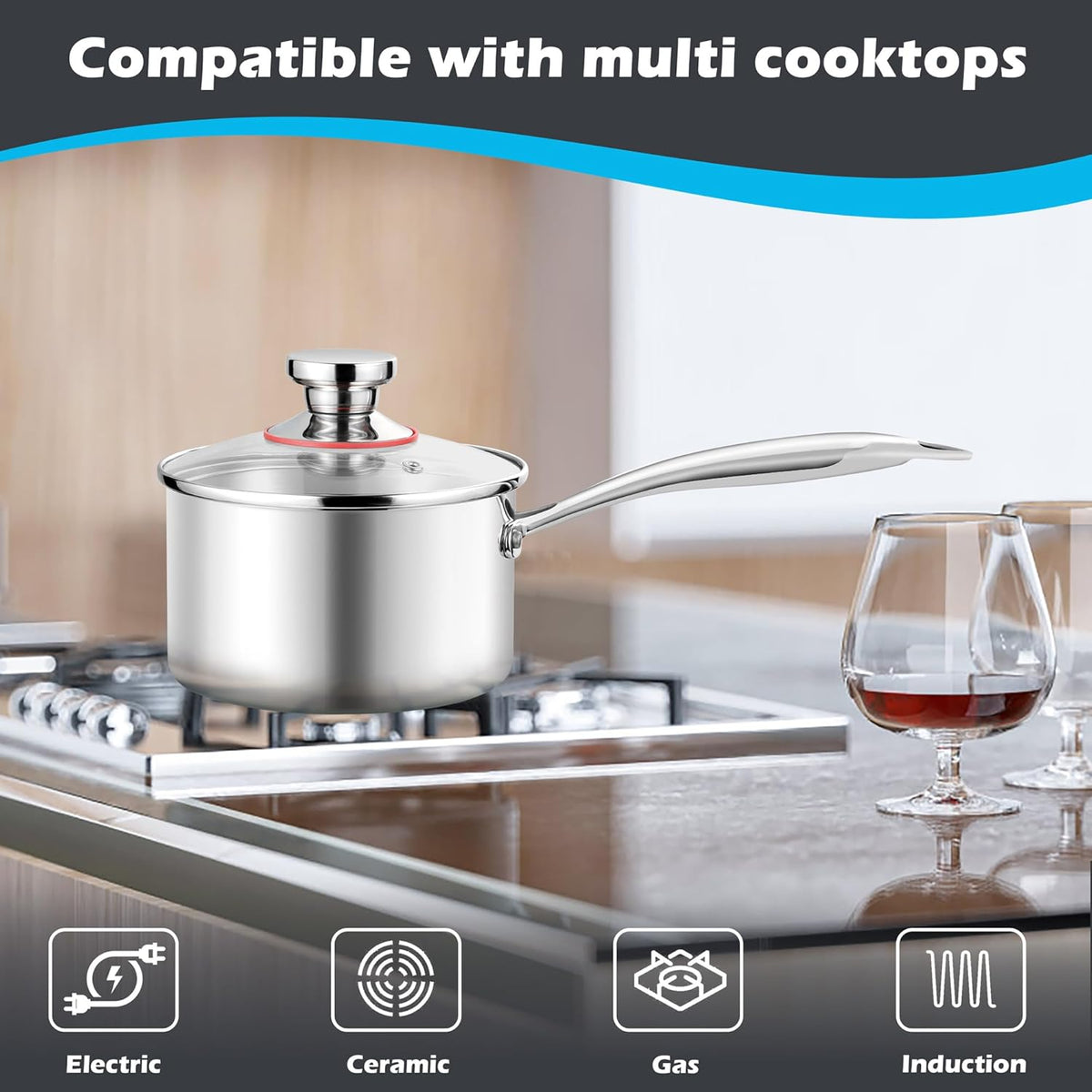 E-far 3-Quart Saucepan, Tri-Ply Stainless Steel Sauce Pan with Glass Lid, Small Cooking Induction Pot Compatible with All Cooktops, Non Toxic, Oven & Dishwasher Safe