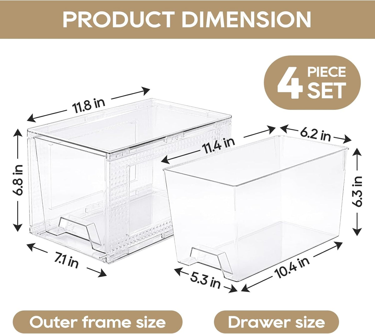 JollyPack 4 Pack Clear Stackable Storage Drawers, Easy to Assemble Multi-Use Bathroom Organizers and Storage, Suitable for Vanity, Bathroom, Makeup, Under Sink, Office, Kitchen and Pantry