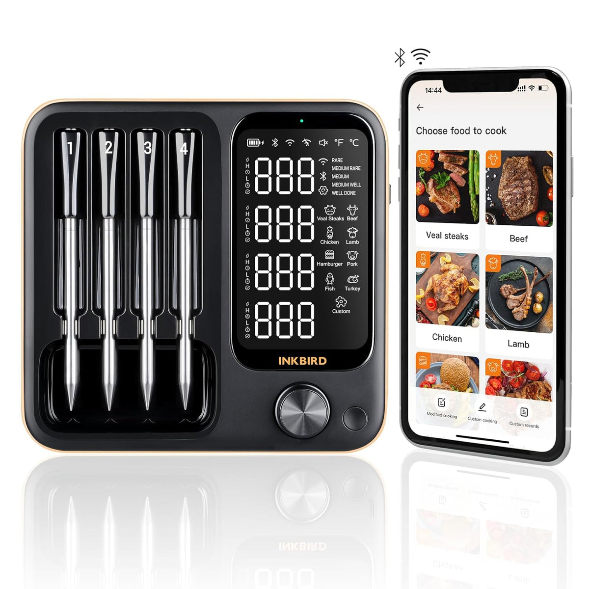 Wireless Meat Thermometer with 4 Probes, INKBIRD WiFi Meat Thermometer Digital Wireless for Rotisserie Grill Oven,Unlimited Range Dishwasher Waterproof Bluetooth Thermometer for iOS & Android