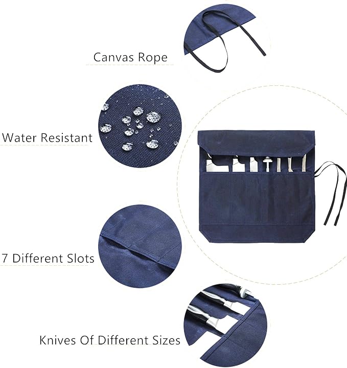 Knife Bag, Heavy Duty 16oz Waxed Canvas 7-Slots Knife Roll Storage Bag, Blue