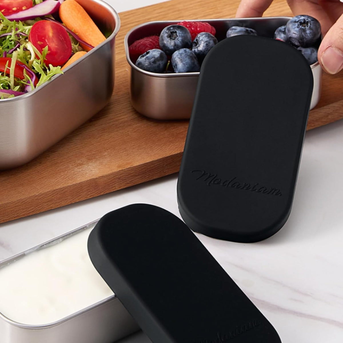 Flexibento - 2 x 6.5 oz | Leak proof | Small Stainless steel Snack Containers with Silicone lids|Dip, snacks, condimenrs | Plastic and BPA free | Metal Lunch box | Black (set of 2)